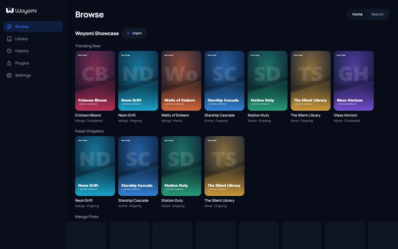 woyomi Browse home screen showing pinned rails and media cards