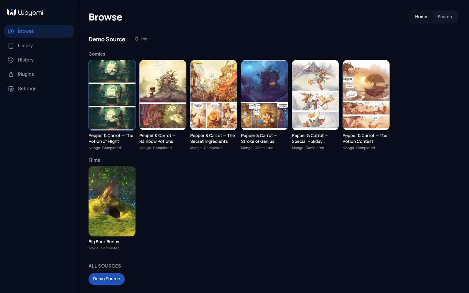 woyomi browse home screen with demo comics and films
