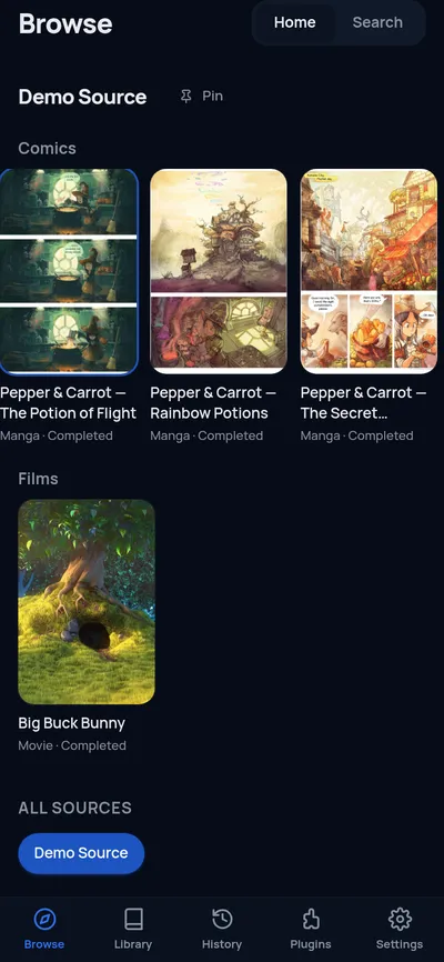 woyomi Android browse interface with demo content