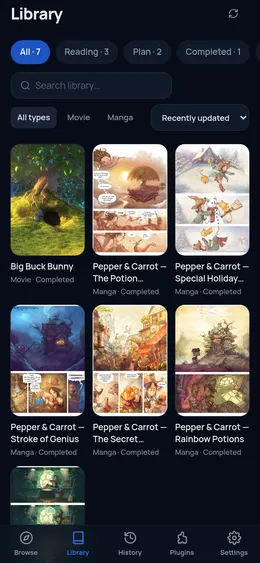 woyomi mobile library screen with demo titles