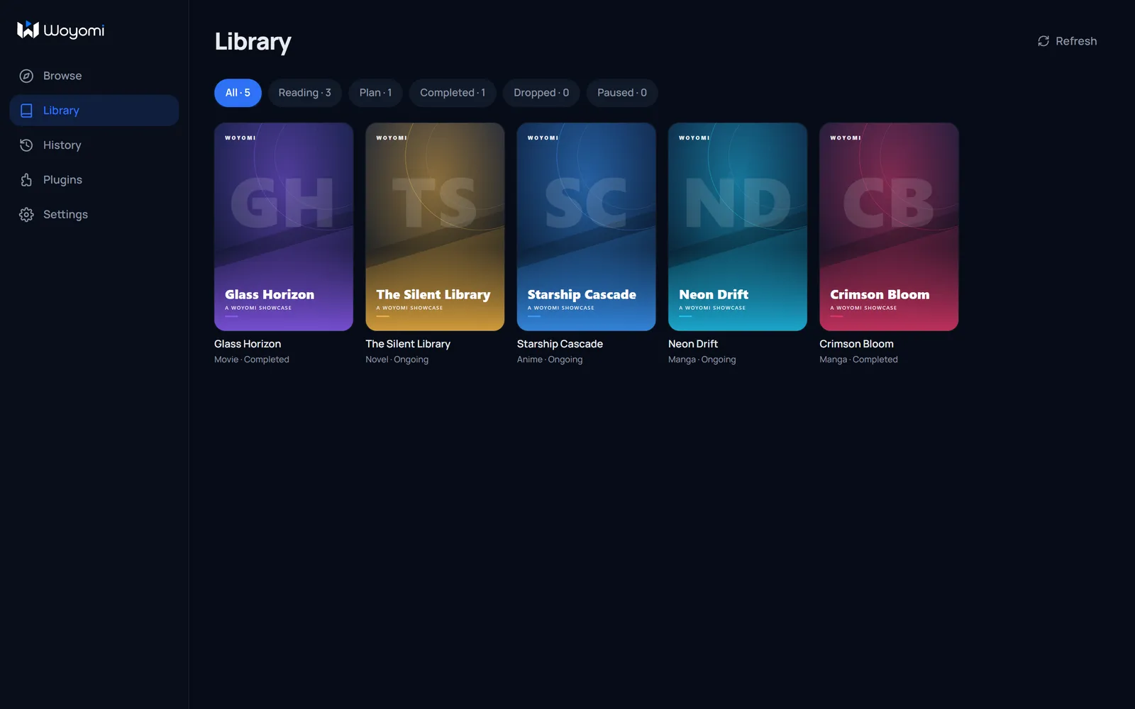 woyomi Library collection with status filters